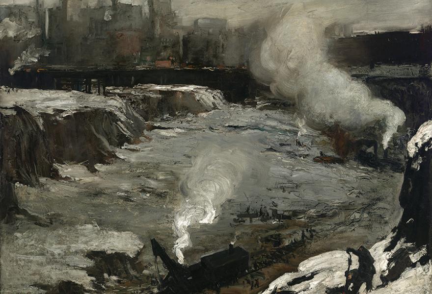 Monochrome painting of an excavation site with lots of smoke in a city