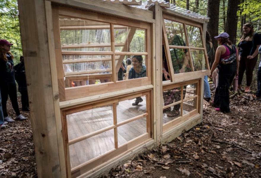 A person sitting inside a wooden structure with windows in the woods