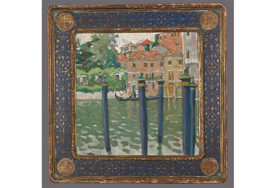 Framed oil painting of bars in front of a body of water with buildings in the background