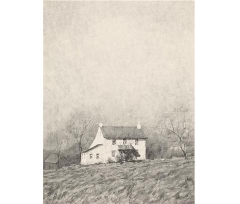 Image of November Sunlight print - black and white image of two-story house with barn behind in center of large empty lawn, surrounded by trees and open sky