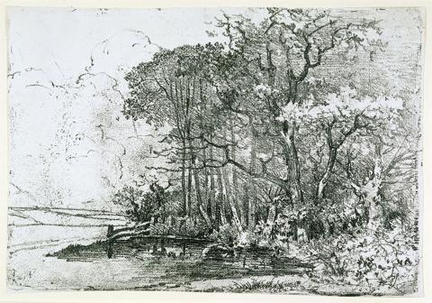 Black and white etching of a wooded scene on right foreground with a cloudy sky in the background