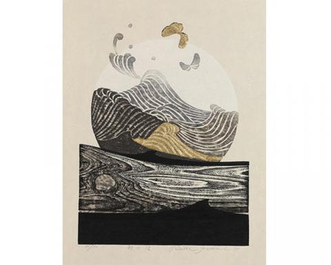Reika Iwami. Japanese, 1927-2020. Autumn Waves, 1981. Woodcut printed in black and metallic ink with embossing on medium thick, slightly textured, cream-colored paper (50/50). 15 ¾ x 12 inches. The Hilary Tolman, class of 1987, Collection. Gift of The Tolman Collection, Tokyo. SC 2014.12.16