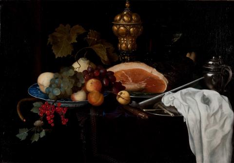 Still Life with Fruit, Meat, Pipe, and Goblets by Maria van Oosterwyck (1630–1693)