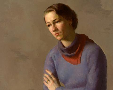 This detail of Anne Morrow Lindbergh shows her bust. Slightly hunched over with a sad expression on her face, she wears a purple sweater and red scarf and looks slightly downward.