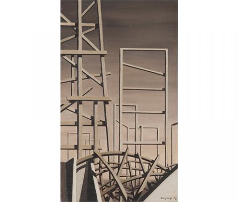 tall wood scaffolding-like shapes on grey background, curved bridge-like scaffolding shape at bottom