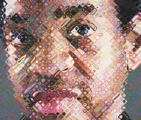 Close-up, pixelated portrait of African-American man with head turned slightly to the left.