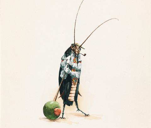 Cockroach dressed in a shirt, jacket and tie holding a toothpick stuck in a green olive to his right.