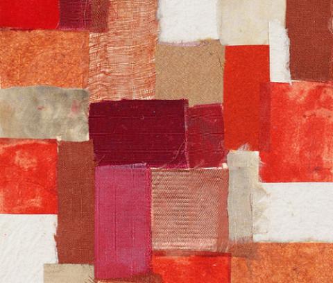 Cropped image of Ryan's 'Collage' (n.d.): overlapping rectangles of vibrant shades of red, pink, orange, salmon, white.