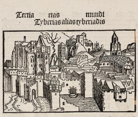 Illustration of a castle with a heading in Latin.
