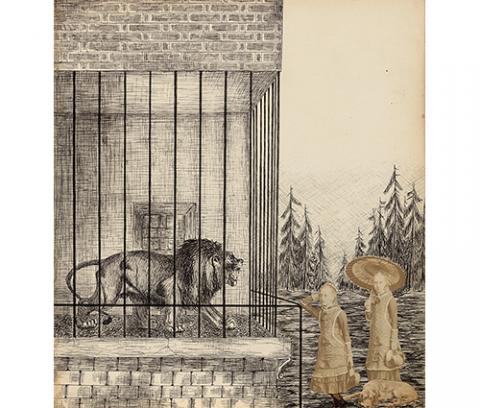 pen drawing of a lion in a cage, trees in the distance; collaged images of two girls holding hats, one with a parasol, dog sitting at her feet