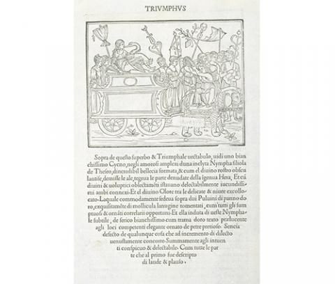 recto-ink print of procession with woman on carriage kissing a swan; bottom half single descending column of black text