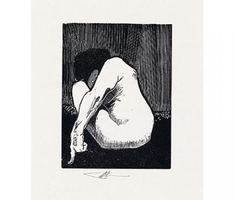 Nude woman sitting in the fetal position with her legs curled up and her head bent down. Her proper left arm reaches out and she points to the ground with one finger.