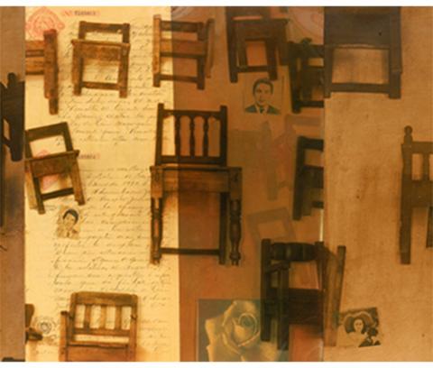 collage of chairs, letters, and photographs