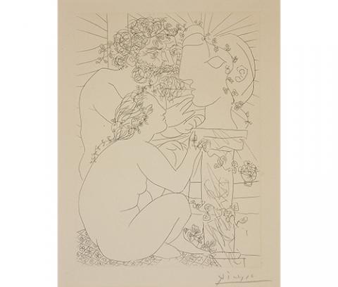 nude woman on left right profile with a string of flowers in her hair seated on tiled floor, legs crossed, face tilted upward toward an abstract sculpted female head on a pedestal in profile; nude man with beard on left , his face close to the sculpted head, his right hand touching the chin of the sculpture; a garland of leaves also winds around the pedestal and sculpted head