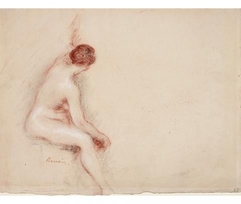 softly rendered seated nude female with dark hair turned away from viewer, proper right arm down and proper left raised