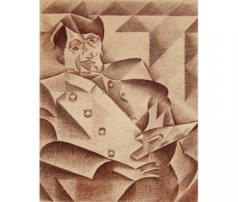 cubist portrait of a man in double breasted shirt one hand on lap, other holding palette seated against a broken-up wall