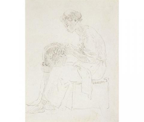 seated girl leaning forward making lace on a form sitting on her lap
