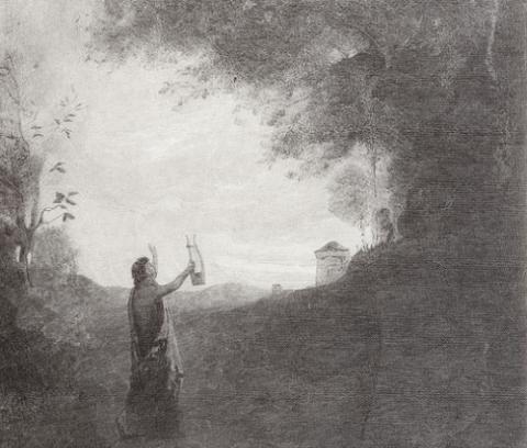 Landscape with clearing and robed figure holding harp, identified as Orpheus, standing staring up at the moon.
