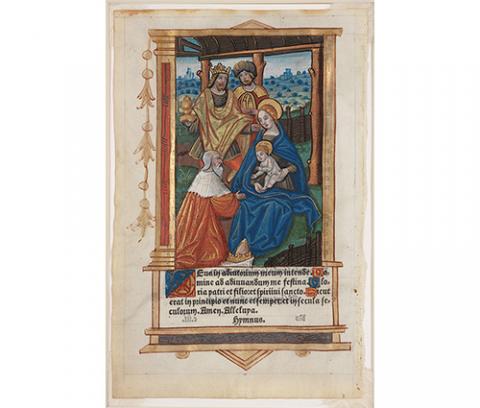 woman in blue dress seated on right with baby; man kneeling on left; text below