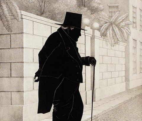 right profile full length silhouette portrait of a large man in black wearing a tailcoat and top hat, carrying a cane, and standing outdoors near a stone wall with building behind him