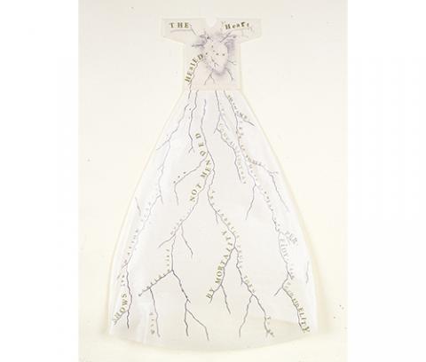 dress with short sleeves and long skirt, lithographed heart on bodice front, text on remaining dress, dress mounted on paper
