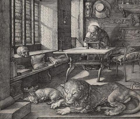 man with halo at table writing in a book; figure of crucified Christ on corner of table, hour glass hanging on wall behind man; lion and dog sleeping in front of table; skull on window seat on left side of image