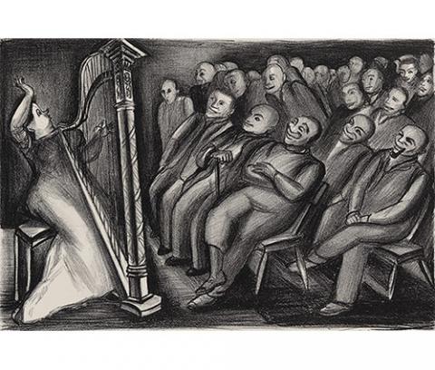 A woman playing a harp for a group of men