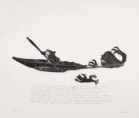 Figure in canoe being chased by a monster in the water. Block of text under the image.