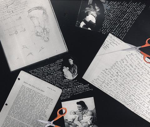 images of women and children interspersed with handwritten text in white, images of red scissors, and handwritten and typescript diary notes