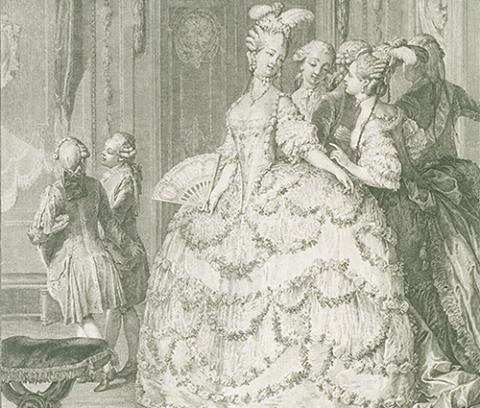 woman in elaborate dress, carrying a fan, feathers in her hair. four other people stand behind her, attending to her. in the background, two figures talk amongst themselves.