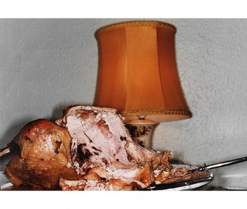 cooked carved turkey on a platter and lamp near wall