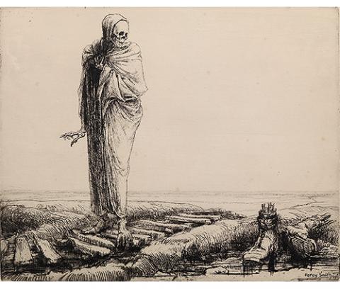 skeleton wearing cloak stands in a desolate landscape, admiring a pair of soldier's boots with protruding bone shards
