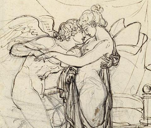 nude male with wings leaning forward and holding semi-nude draped female before a partially drawn bed