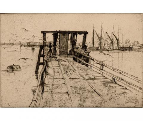 An old dock. Sailboats line the shore in the background. There is a barrel in the water, at left. Seagulls fly overhead.