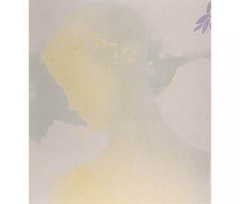 yellow and white silhouette of a woman looking over her right shoulder, against a light blue and white sky. small purple flower in top right corner.