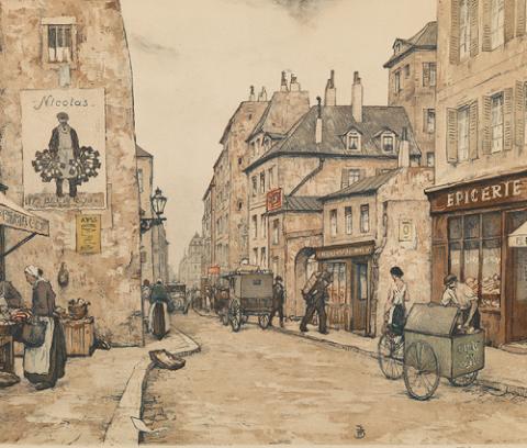 a street lined with stores on both the left and right; horse-drawn carriages and carts in the middle of the street