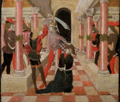 With his left hand, a man holds the head of one man kneeling, bound man; with his right hand he holds a sword above the head of another, who appears to hold his arm still; other figures watch from behind rows of pink pillars; red and white tiled floor and black arched doorway on the back wall