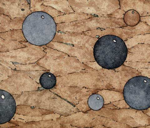 brown background; gray and black spheres