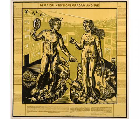Adam on the left holding a mirror reflecting his image and Eve's, with pigs and rats at his feet, one rat jumping across the water dividing his bit of land with the land on which Eve stands, a snake in her hand, chickens and rats on the ground around here, bats fly in the sky over Adam
