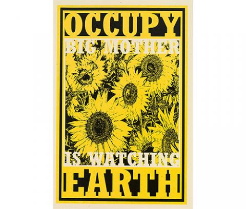 yellow ground with large black flowers; on top section: OCCUPY in yellow framed with black and BIG MOTHER in white; on bottom section: ITS WATCHING in white and EARTH in yellow framed in black; political
