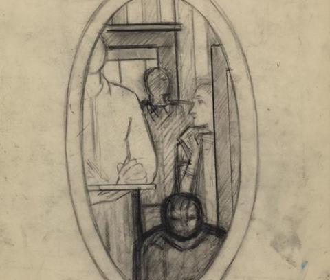 oval frame with four figures inside, one at left holding sketchpad and pencil, one at right partially hidden by a painting