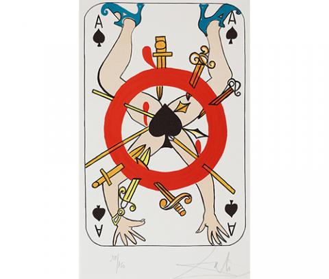 playing card with spread arms and legs, ace covering where the legs are spread; red circle around the ace