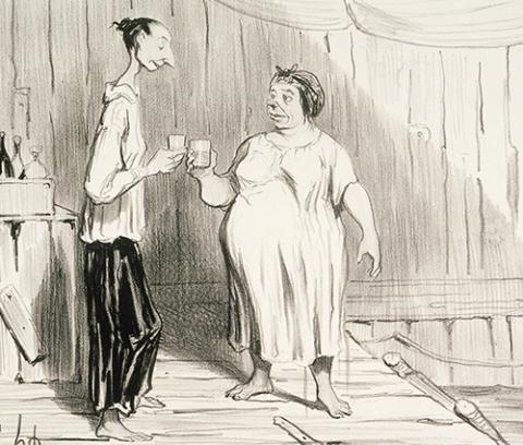 two women in a bathhouse holding glasses; public pool on the right