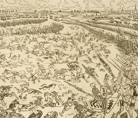 drawing of soldiers on a battlefield; clouds in the sky above
