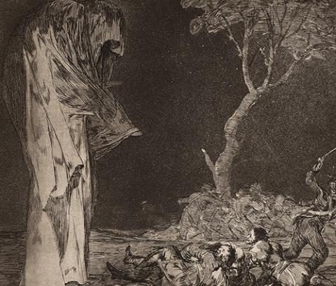 cloaked personification of death on the left looking down to a group of frightened soldiers; a tree on the right