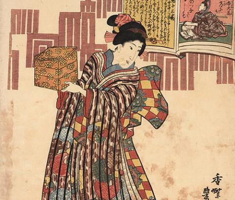 woman wearing kimono, holding a tiered lacquer box; upper right corner has a book open to an illustration of a chapter from the "Tale of Genji" 