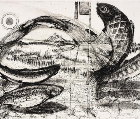 landscape with sun at upper left, large arch of water with two salmon at lower left and three at right, top one arching back toward top center image