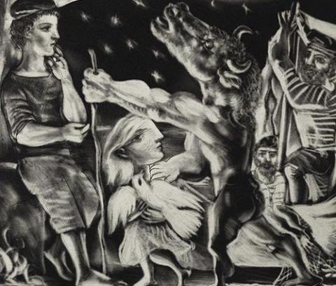 minotaur in center with hand on shoulder of blond woman holding a bird, male at left leans on rocks at left and two figures in a small boat with sail at right