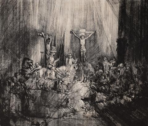 crucifixion scene; Christ on the cross with crowd in front of him