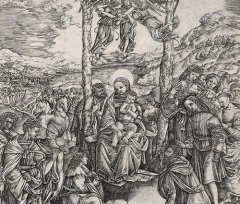 The Virgin and Child seated between two trees, with three angels overhead and Saint Joseph behind them, a crowd of figures on either side, two in the front kneeling, more people with horses in mid-distance, rolling hills with scattered dwellings in distance
